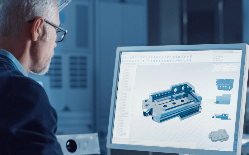 1 Konstrukteur sitzt vor einem Rechner, auf welchem er ein 3D CAD Modell abgebildet sieht 1 Konstrukteur sitzt vor einem Rechner, auf welchem er ein 3D CAD Modell abgebildet sieht